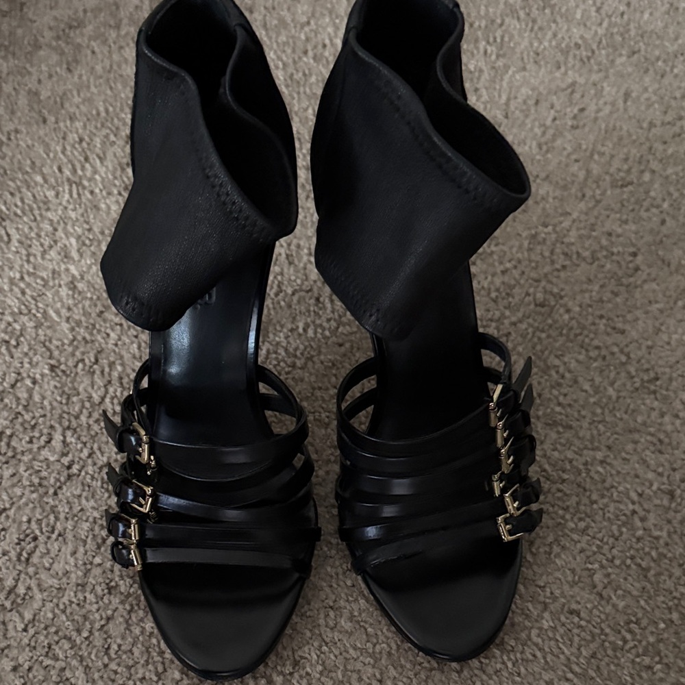 L.A.M.B. Black Strappy Heels with Buckle Detail
